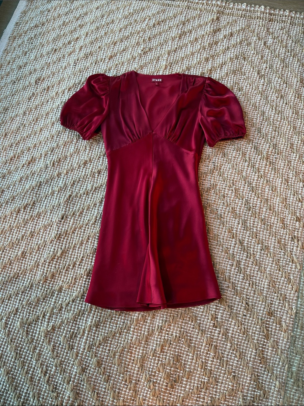 STAUD Deep Red Satin Puff-Sleeve Tunic